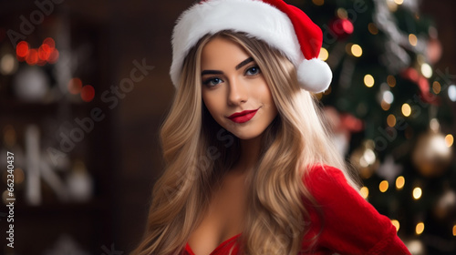 A young woman dresses in a Christmas costume for the Christmas festival.