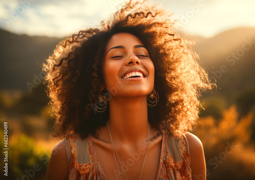 happy young black woman enjoying nature in a field under the sun's rays, concept of calm happiness and freedom © Kseniya