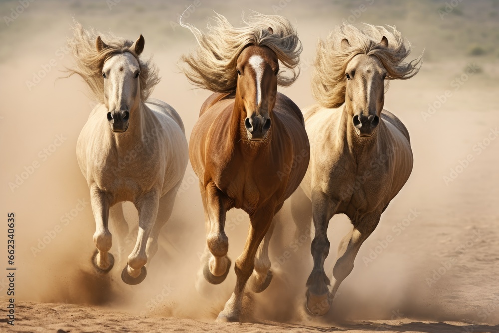 Wild horses galloping in desert terrain, creating dust storm behind. Nature and wilderness. - obrazy, fototapety, plakaty 