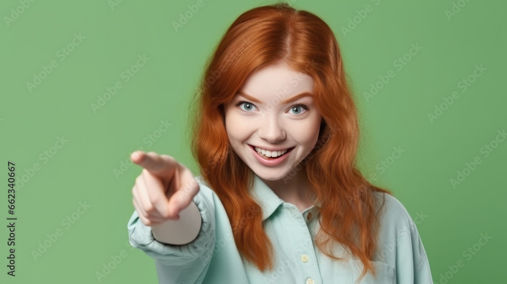Excited young woman smiling and pointing index finger up at copy space expressing wow emotion on green background. Excited young woman smiling and pointing index finger up at copy space expressing wow emotion on green background.