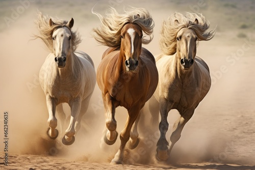 Wild horses galloping in desert terrain, creating dust storm behind. Nature and wilderness.