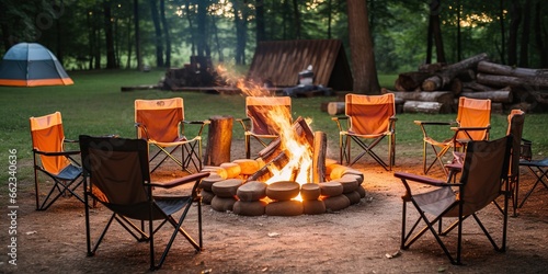 A circle of comfortable camping chairs around a roaring fire, awaiting the campers return, concept of Relaxing atmosphere photo