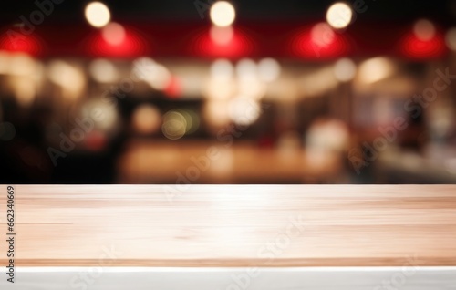 Bar or pub with a blurred background and an empty wooden table. For the purpose of product display. Copy space for text  advertising  message  logo