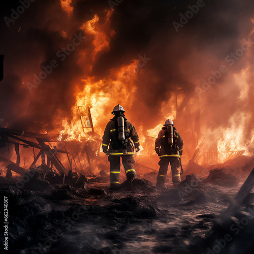 A team of rescuers, clad in heat-resistant gear, battles the billowing smoke and ash of a volcanic eruption as they evacuate people from a perilous situation. 