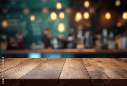 Bar or pub with a blurred background and an empty wooden table. For the purpose of product display. Copy space for text, advertising, message, logo © CFK