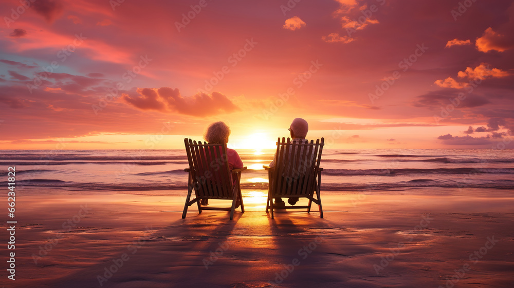 Senior couple sitting in chairs at the beach looking at the sunset from behind. Senior couple sitting in chairs at the beach looking at the sunset from behind.