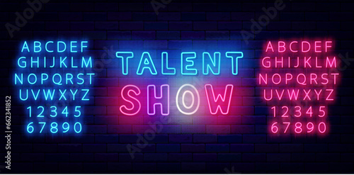 Talent show neon inscription. Celebrity competition. Shiny typography on brick wall. Vector stock illustration