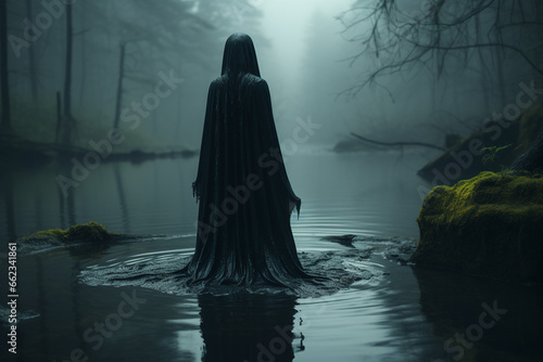 Black witch in the mysterious forest. 