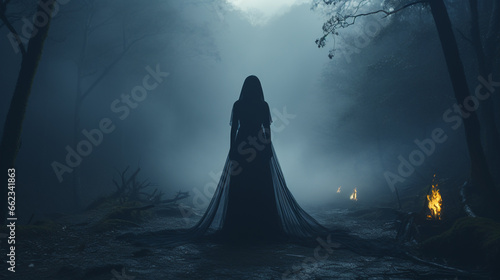 Black witch in the mysterious forest. 