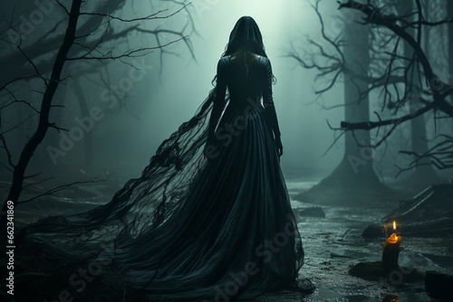 Black witch in the mysterious forest. 