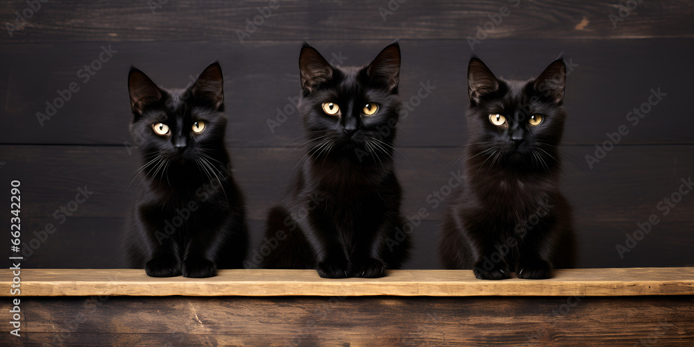 Three black cats with golden eye sitting on wooden table, Beautiful black cats on dark background, generative AI