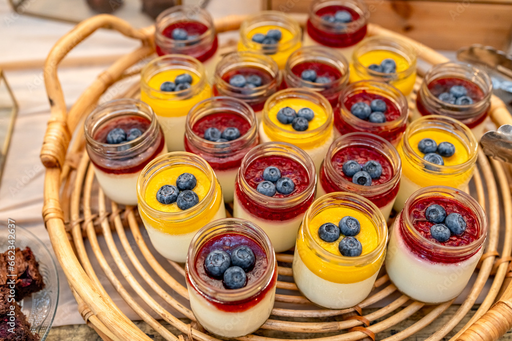 panna cotta with fruit cream and blueberries