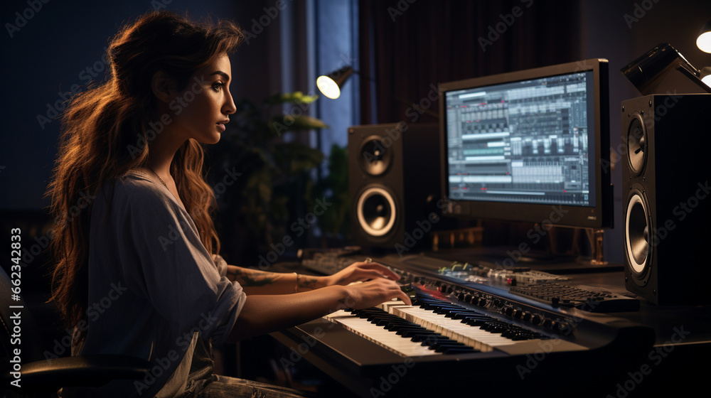 Naklejka premium In a home studio with professional equipment, a woman streams her content, showcasing her dedication to high-quality production. 