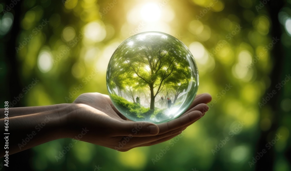 A hand holding a glass ball that contains a tree. notion of environmental preservation. superior resolution picture