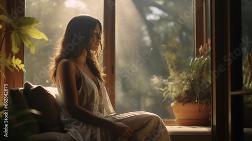A woman sits by a large window, streaming with natural light pouring in, creating a warm and inviting atmosphere in her home. 