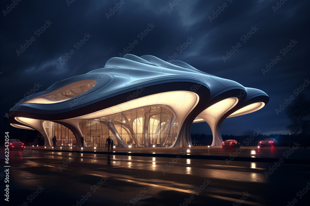A futuristic gas station, inspired by sci-fi aesthetics, features innovative architecture and lighting, creating an otherworldly atmosphere. A futuristic gas station, inspired by sci-fi aesthetics, features innovative architecture and lighting, creating an otherworldly atmosphere.