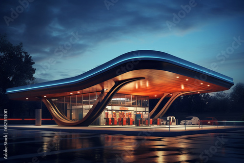 A modern gas station glistens in the twilight, its sleek design and colorful canopy standing out against the evening sky. 