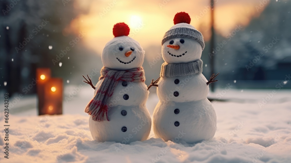 Couple happy snowman standing in winter christmas landscape Couple happy snowman standing in winter christmas landscape