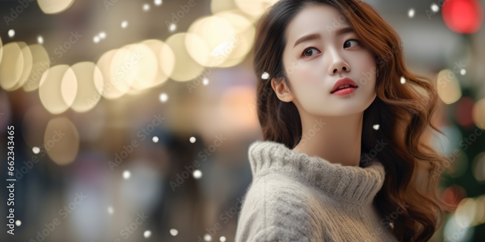 Close up portrait of beautiful asian woman in winter sweater. Christmas holidays concept.