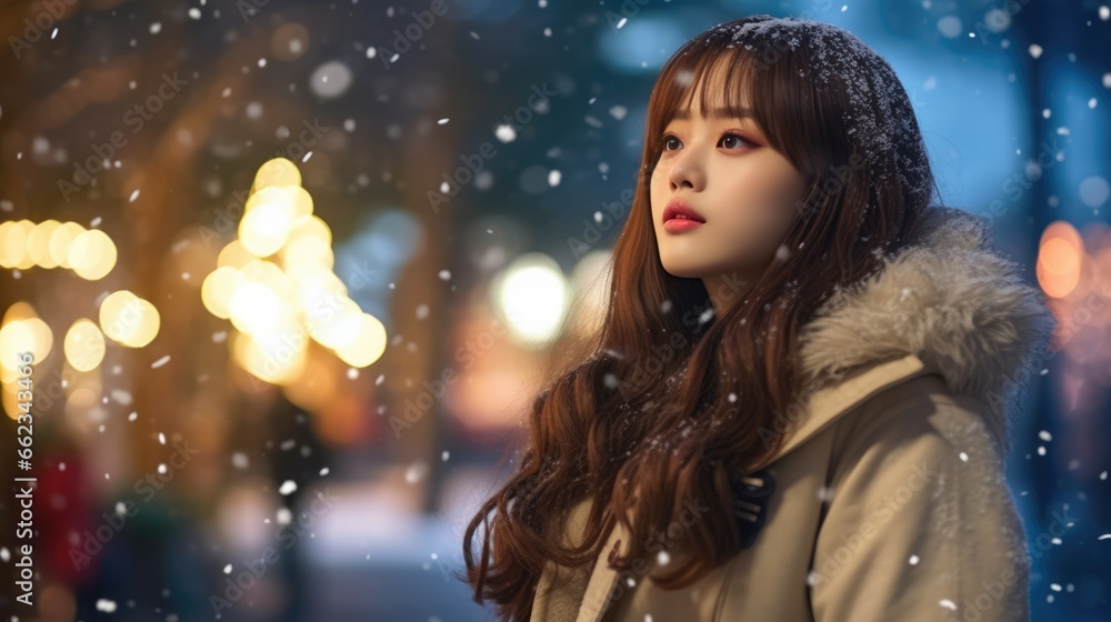 Close up portrait of beautiful asian woman in winter clothes. Christmas holidays concept. Close up portrait of beautiful asian woman in winter clothes. Christmas holidays concept.