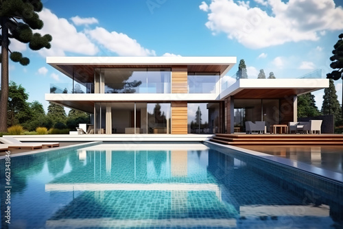 Modern minimalist cubic mansion with swimming pool