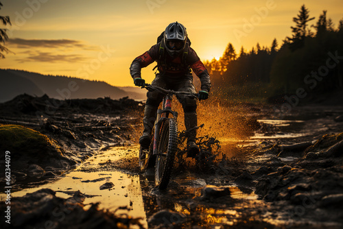 Mountain biker at sunset among the mud. Generative AI