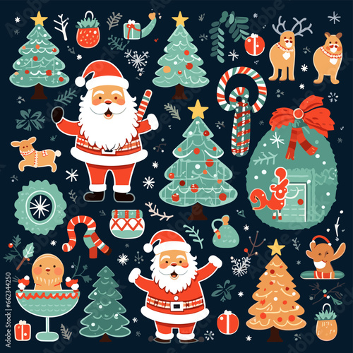 christmas and happy new year cartoon characters and elements