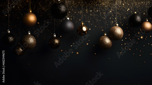 Black Christmas balls with gold lights on abstract defocused dark background