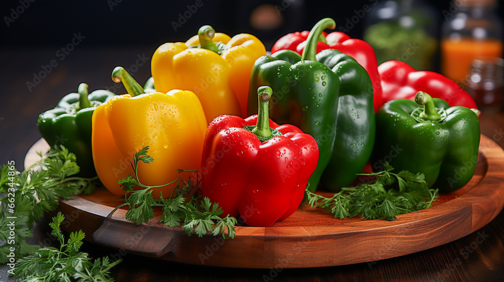 Bell pepper , Red, green and yellow sweet bell peppers on The  Cutting board , photo realistic, 4K resolution