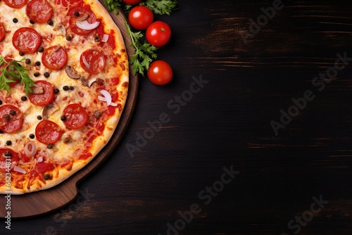 Pepperoni pizza on a Dark background. Top view with copy space.