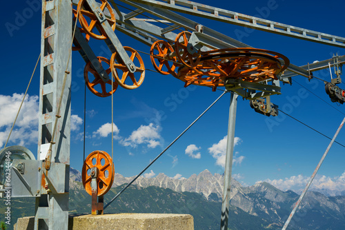 Drive wheel of an abandoned alpine ski lift 