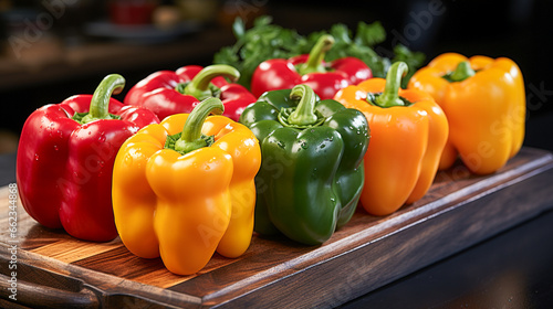 Stampa su tela Bell pepper , Red, green and yellow sweet bell peppers on The  Cutting board , p