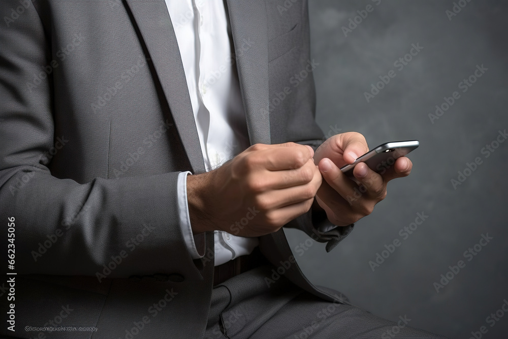 Man hands texting on smartphone on gray background. Male hand using mobile phone Man hands texting on smartphone on gray background. Male hand using mobile phone