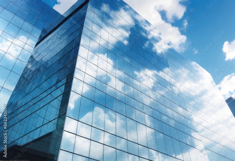 skyscrapers with reflections and commercial office buildings. high-rise building glass curtain wall details captured in wide angle photography. The white clouds and blue sky are reflected in the windo