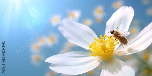 photo of a beautiful white flower and a bee on it under bright sunlight. generative AI