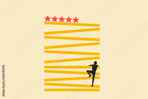 businessman climbed high up on stairs, holds the biggest star. reaching goal concept
