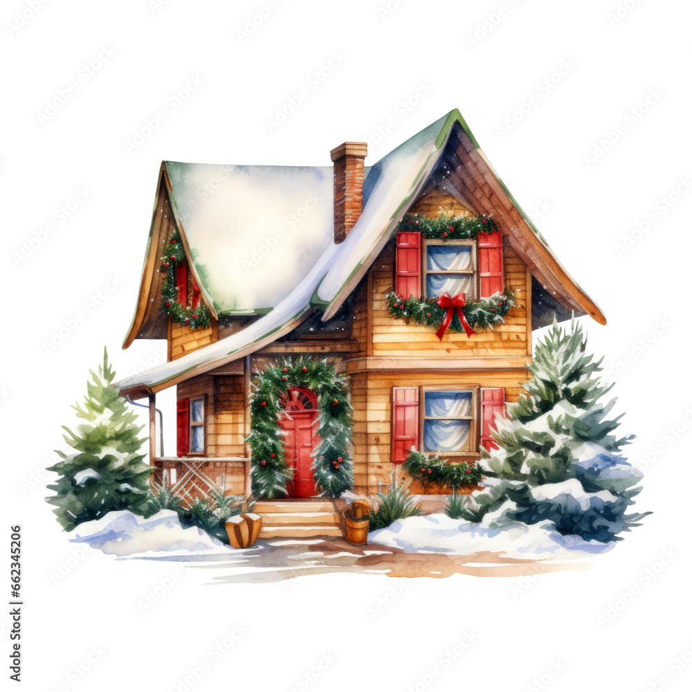 Christmas house decorations watercolor Clipart isolated on Transparent Background