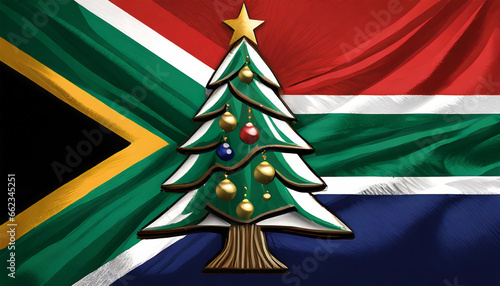 Christmas in South Africa. Tree in front of a South African flag. Generative AI. 