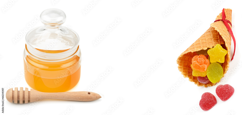 Honey pot and marmalade isolated on white. Free space for text. Wide photo. Collage. Honey pot and marmalade isolated on white. Free space for text. Wide photo. Collage.