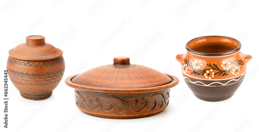 Set of clay pots isolated on white . Wide photo. Free space for text.