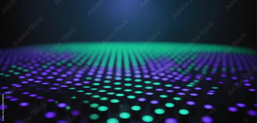 A matrix of blue, green and purple flickering glowing dots in a dark background. Abstract technology background, sound design