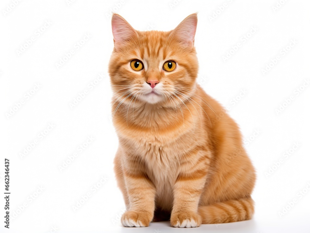 Portrait of a red cat on a white background. General plan.