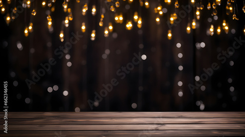 Black Christmas background wooden table with gold lights on abstract defocused dark background