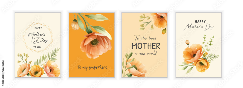 Set of Happy Mother's Day greeting cards with yellow poppies. Elegant realistic Mother's Day cards.