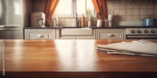 wooden table in the kitchen with blur effect behind it. generative AI