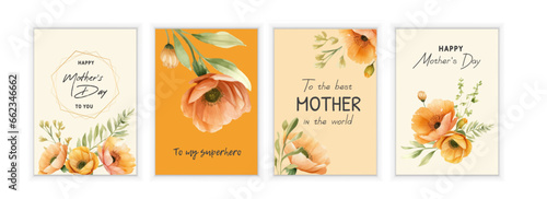 Set of Happy Mother's Day greeting cards with yellow poppies. Elegant realistic Mother's Day cards.