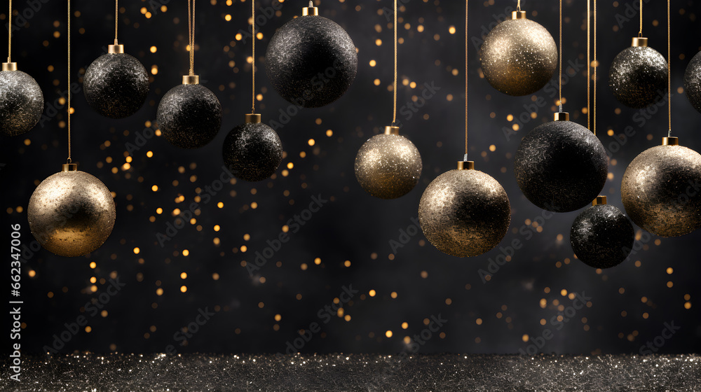Black Christmas balls with gold lights on abstract defocused dark background Black Christmas balls with gold lights on abstract defocused dark background