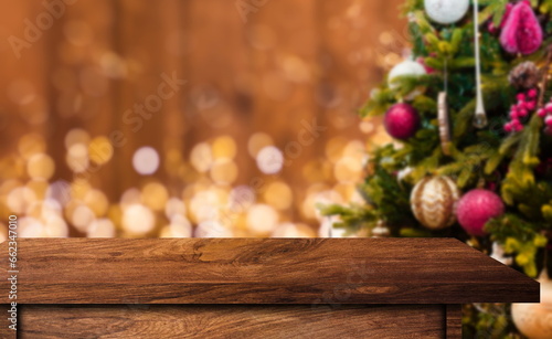 celebration happy christmas tree with wood table © skandar