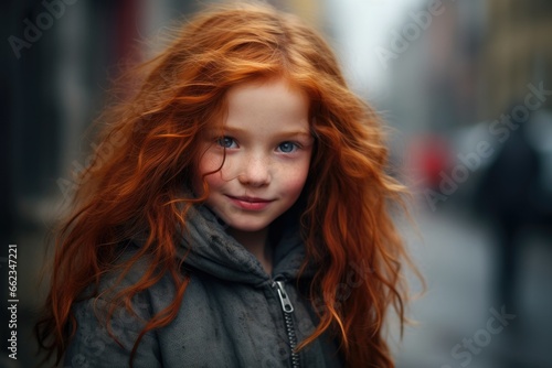A portrait of a little girl with red hair and charming freckles, radiating youth and natural beauty