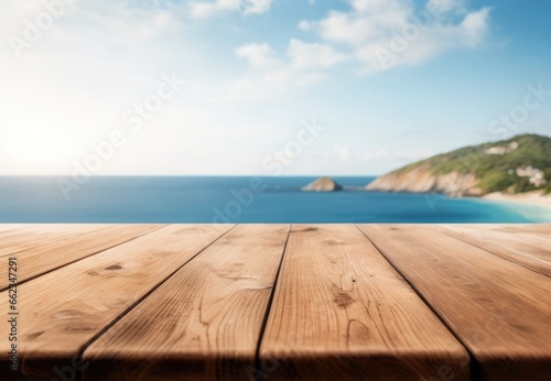 concept for product display. wooden table with the ocean, island, and blue sky in the background